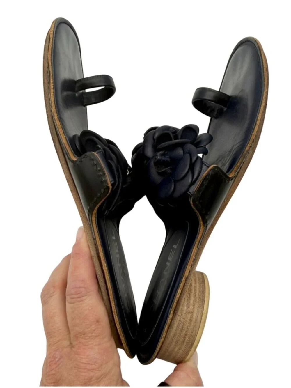 Chanel Camellia CC Logo Leather Sandals Navy Blue - Size 7 - Picture 3 of 7